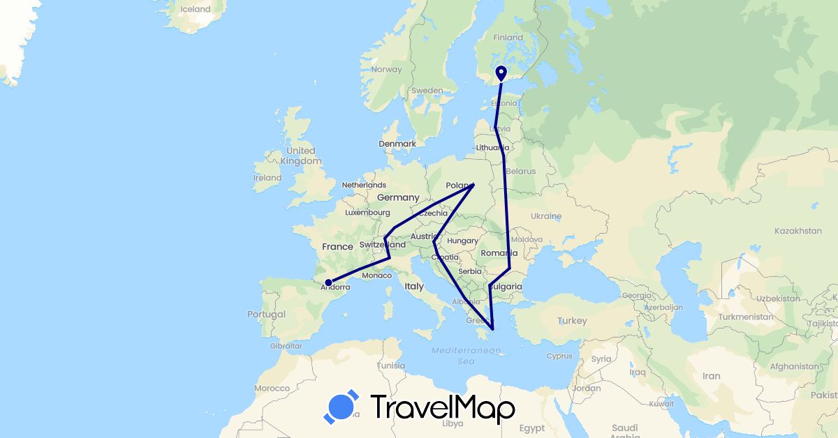 TravelMap itinerary: driving in Albania, Austria, Bulgaria, Switzerland, Germany, Estonia, Finland, France, Greece, Croatia, Italy, Lithuania, Latvia, Poland, Romania (Europe)